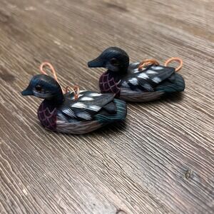 Crate Barrel Miniature Wooden Ducks Set Hand Painted Folk Art Christmas Ornament